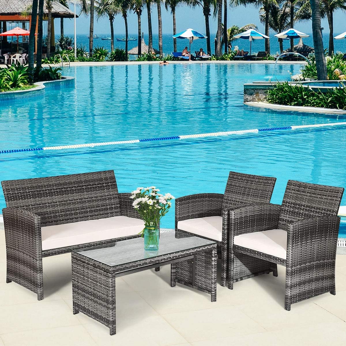 COSTWAY Patio Furniture Set 4 Pieces, Outdoor Wicker Chairs Sofa w/Coffee Table and Soft Cushions, Rattan Conversation Sets for Patio Lawn Backyard Yard Pool Garden, White