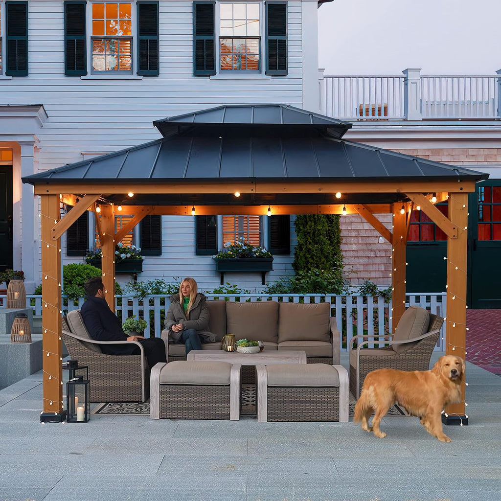 Sunjoy 11 x 13 ft. Wood Gazebo Cedar Framed Gaezbos with Black Double Steel Hardtop Roof for Garden, Backyard Shade, Matte Black Roof + Natural Wood Frame