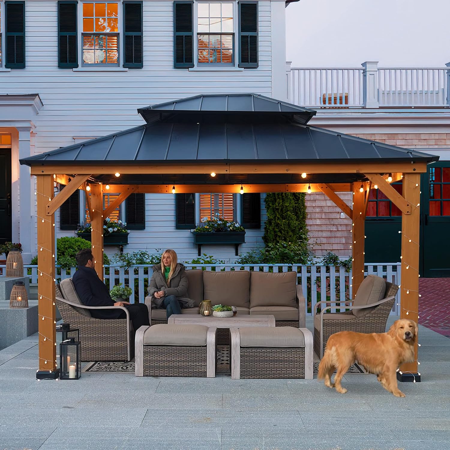 Sunjoy 11 x 13 ft. Wood Gazebo Cedar Framed Gaezbos with Black Double Steel Hardtop Roof for Garden, Backyard Shade, Matte Black Roof + Natural Wood Frame