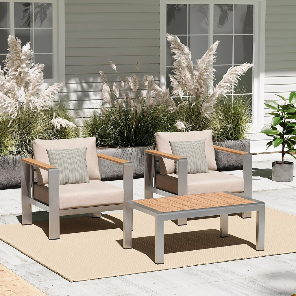 Aluminum Outdoor Sofa Bistro Set, 3 Piece Outdoor Patio Furniture Set with Washable Thick Cushion, Patio Sectional Furniture Set for Porch, Balcony, Deck, Yard, Silver