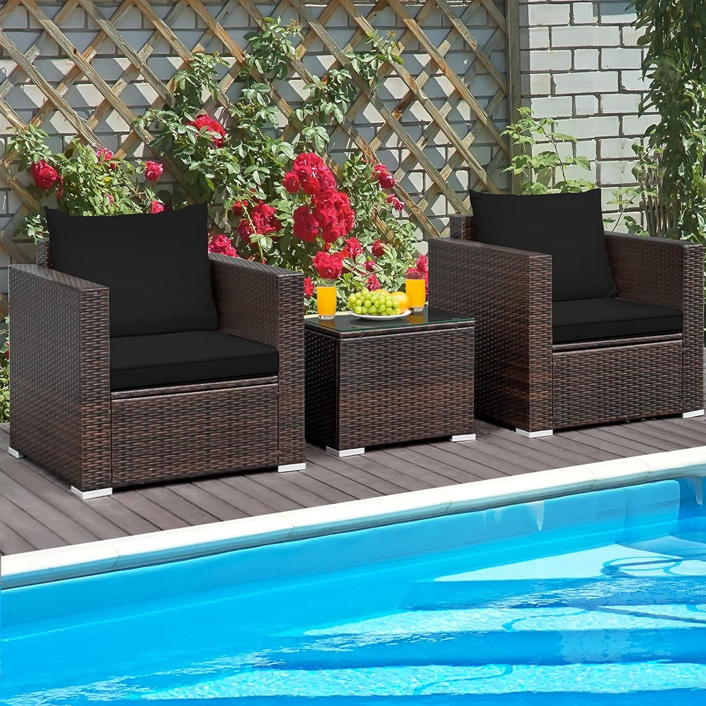 COSTWAY 3-Piece Patio Furniture Set, Outdoor Wicker Rattan Sofa with Cushions and Coffee Table with Tempered Glass, Modern Conversation Chair Set for Poolside Backyard Balcony Lawn (Black)