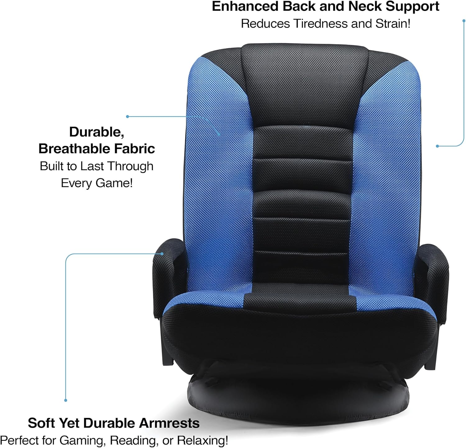 Maple99 Swivel Floor Gaming Chair - Video Lounger Enjoy 6 Different Positions, Adjustable Backrest, Removable Arm Rests, Folds to Store, Stylish Blue with Black Center Stripe