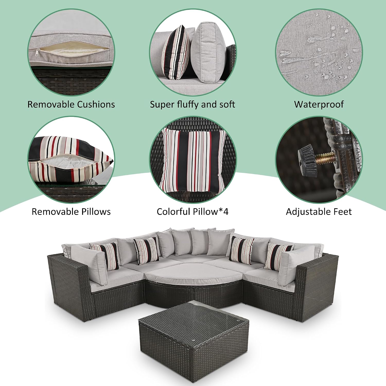 Merax 7-Piece Outdoor Wicker Sectional Sofa Set,Modular Rattan Conversation Set with Gray Cushions,Striped Green Pillows & Tempered Glass Coffee Table for Patio,Garden,Deck,Brown