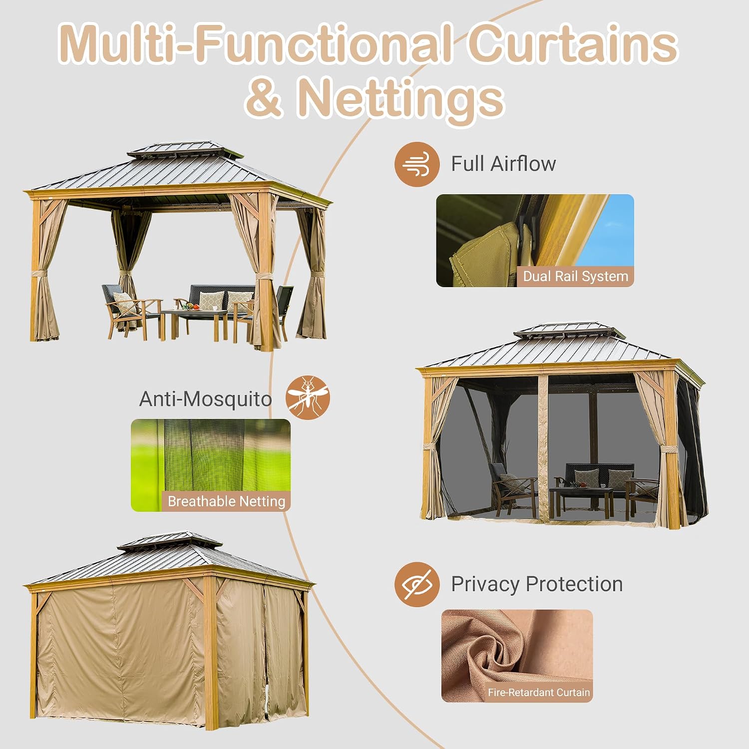 Domi 10' X 14' Hardtop Gazebo Outdoor Metal Gazebo Canopy with Galvanized Steel Double Roof, Wood Grain Aluminum Frame, Curtains and Netting for Patio, Deck, Garden