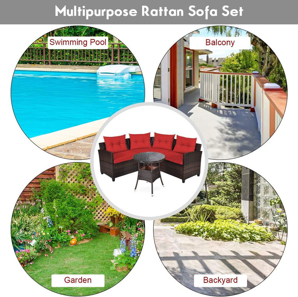 Tangkula 4-Piece C Shape Patio Furniture Set, Outdoor Corner Wicker Rattan Sectional Cushioned Sofa Set, with Glass Coffee Table, for Garden Poolside Balcony (Red)