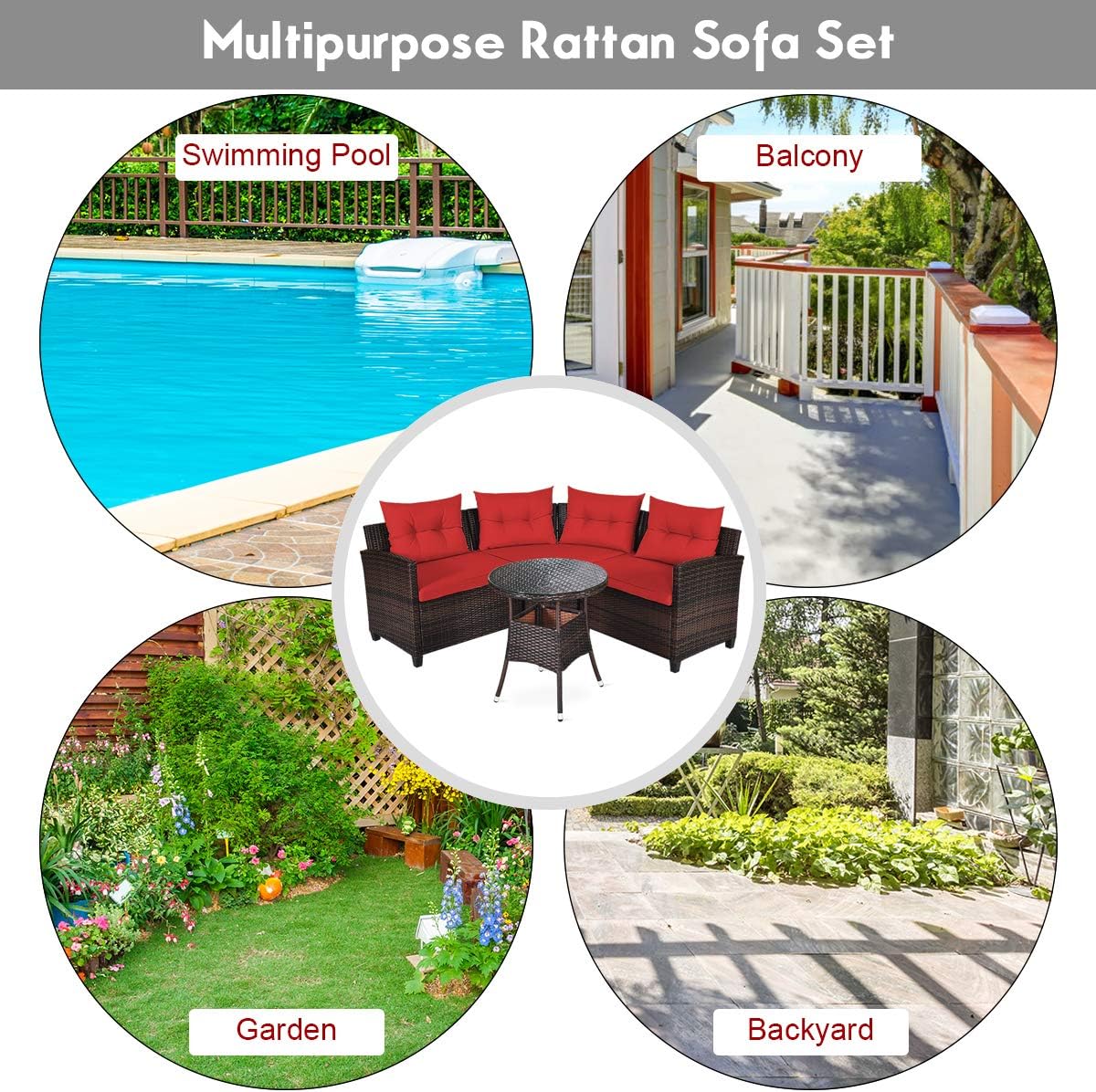 Tangkula 4-Piece C Shape Patio Furniture Set, Outdoor Corner Wicker Rattan Sectional Cushioned Sofa Set, with Glass Coffee Table, for Garden Poolside Balcony (Red)