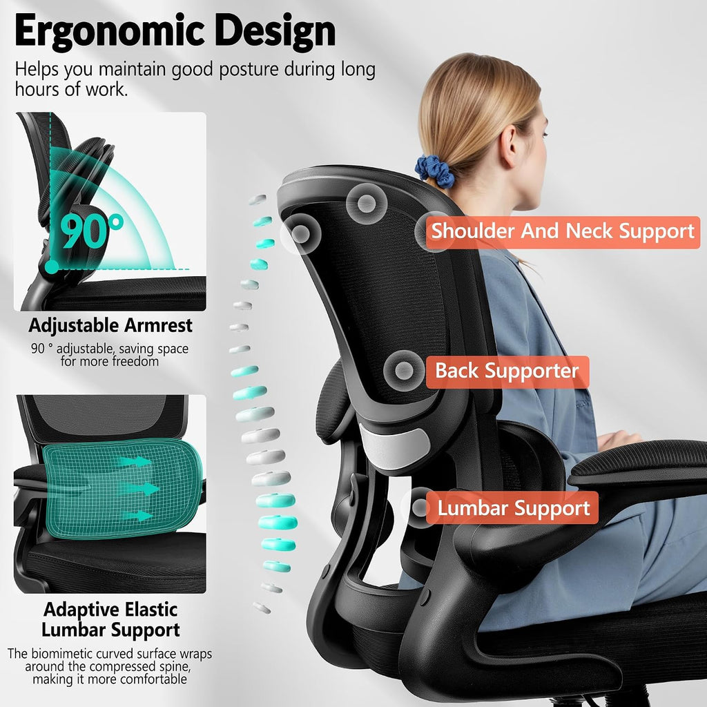BESTFAIR Office Chair Ergonomic Desk Chair, Breathable Mesh Comfy Chair with Lumbar Support, Computer Chair, Home Desk Chair with Flip-up Armrests, Gaming Chair for Adults Home Office