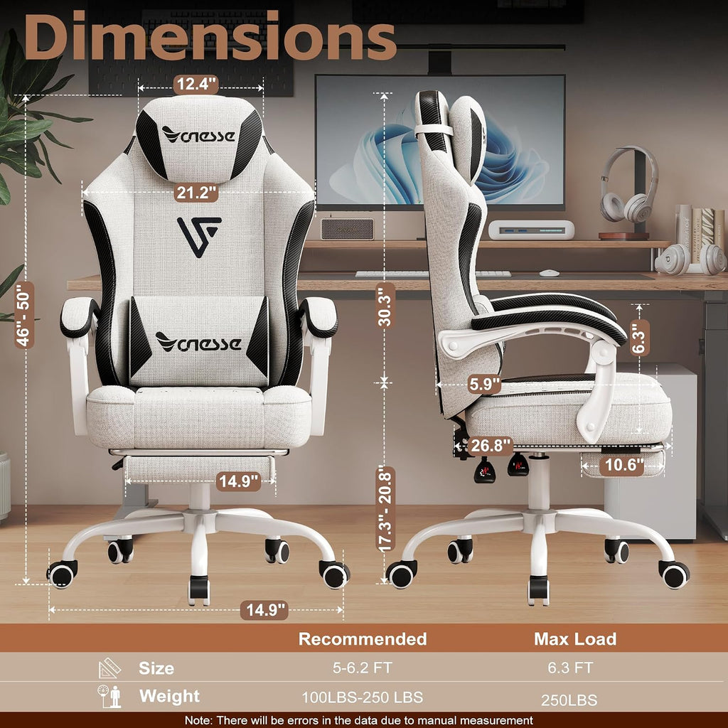 Vonesse Office Chair, Gaming Chair with Linen Breathable Mesh Fabric, Desk Chair with Adjustable Lumbar Support, Executive Computer Chairs with Footrest and Headrest (Beige White)