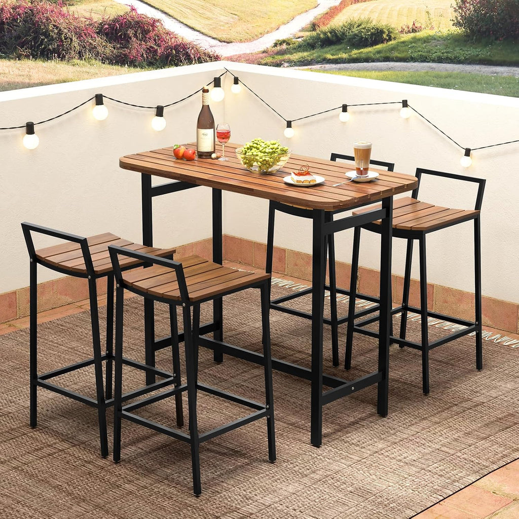 Tangkula 5 Piece Acacia Wood Bar Table Set, Outdoor Bar Height Table & Chairs with Metal Frame & Footrest, Patio Bar Table Set for 4, Patio Furniture Bistro Set for Deck, Garden & Poolside