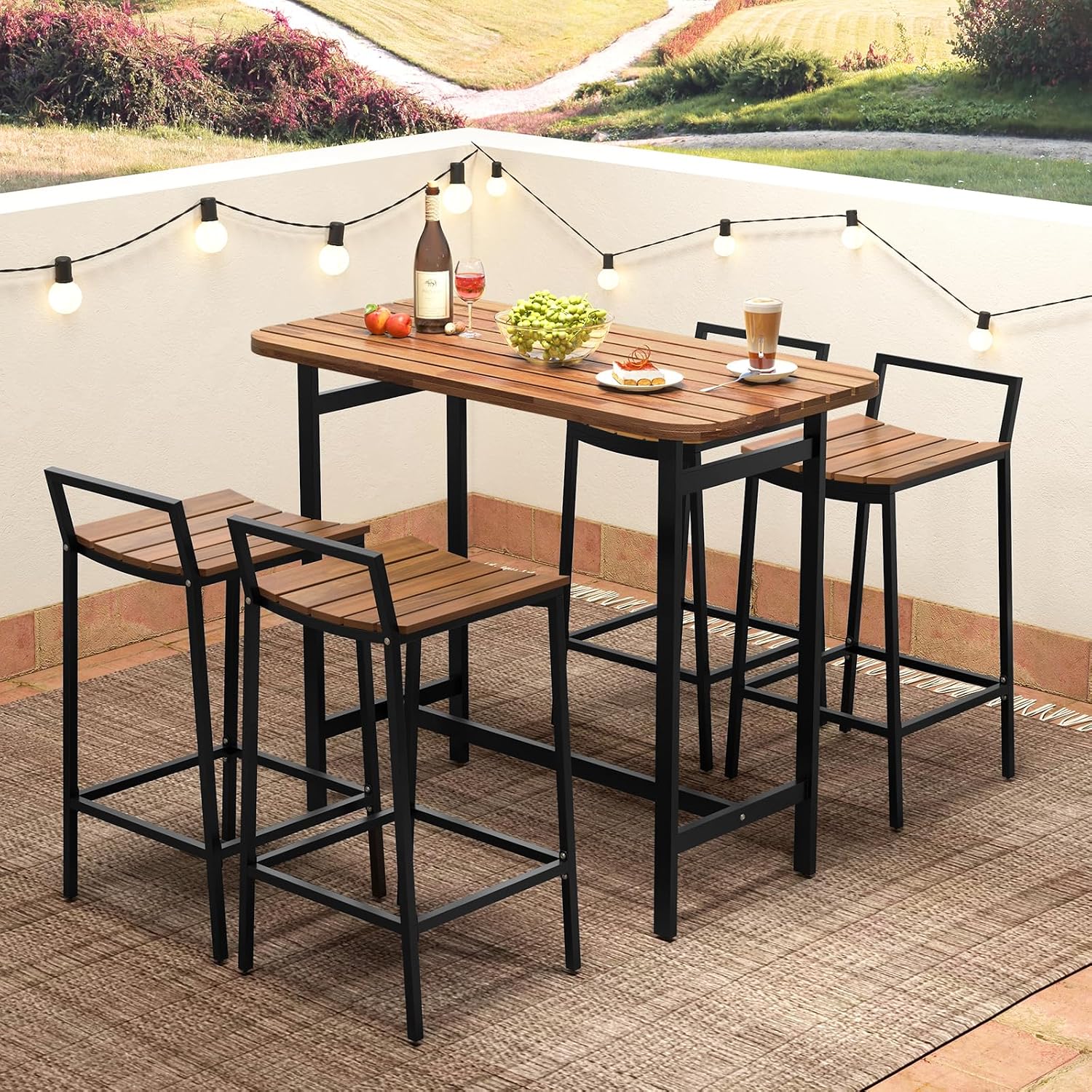 Tangkula 5 Piece Acacia Wood Bar Table Set, Outdoor Bar Height Table & Chairs with Metal Frame & Footrest, Patio Bar Table Set for 4, Patio Furniture Bistro Set for Deck, Garden & Poolside
