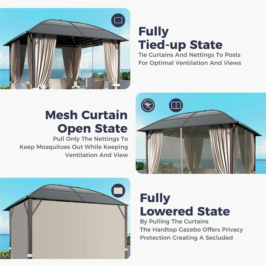 SUNSHINE VALLEY 10x10ft Hardtop Gazebo with Netting and Curtain, Outdoor Gazebo with Aluminum Frame and Polycarbonate Translucent Top, Patio Canopy for Deck, Backyard, Garden, Lawn