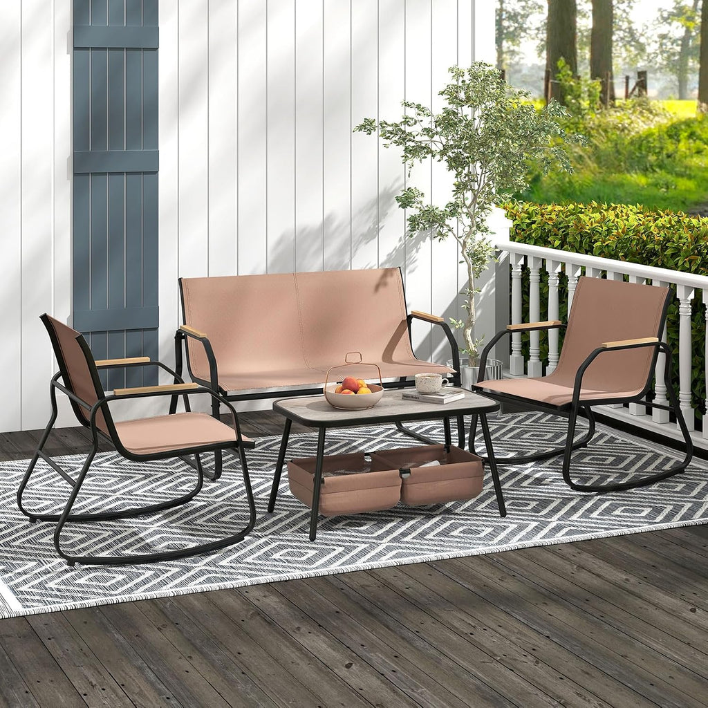 Tangkula 4 Pieces Patio Furniture Set with 2 Rocking Bistro Chairs, Outdoor Conversation Set with 2-Tier Coffee Table and Breathable Fabric Chairs for Porch, Garden, Lawn and Backyard (Brown)