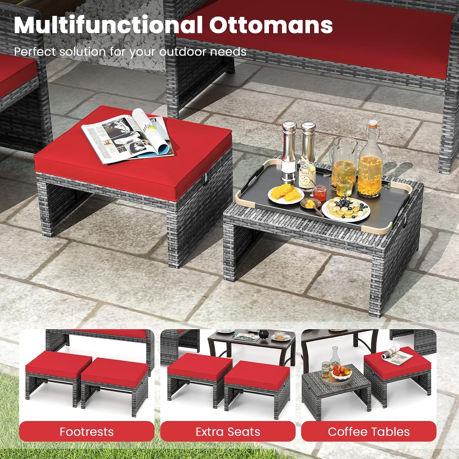 Tangkula 6 Pieces Patio Furniture Set, Outdoor Rattan Conversation Chairs Set with 1 Loveseat, 1 Coffee Table, 2 Armchairs and 2 Ottomans for Garden, Deck, Backyard and Poolside (Red)