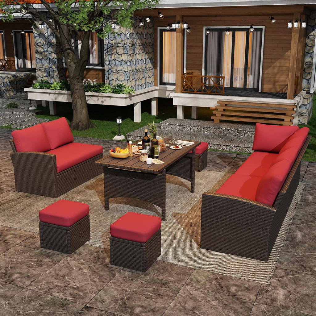 U-MAX 7 Pieces Patio Furniture Set, Outdoor Sectional Sofa Conversation Set, All Weather Wicker Rattan Dining Table & Chair with Ottoman, Brown Rattan&Red Cushion