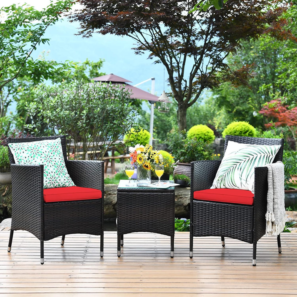 Tangkula Patio Furniture Set 3 Piece, Outdoor Wicker Rattan Conversation Set with Coffee Table, Chairs & Thick Cushions, Suitable for Patio Garden Lawn Backyard Pool (Red)