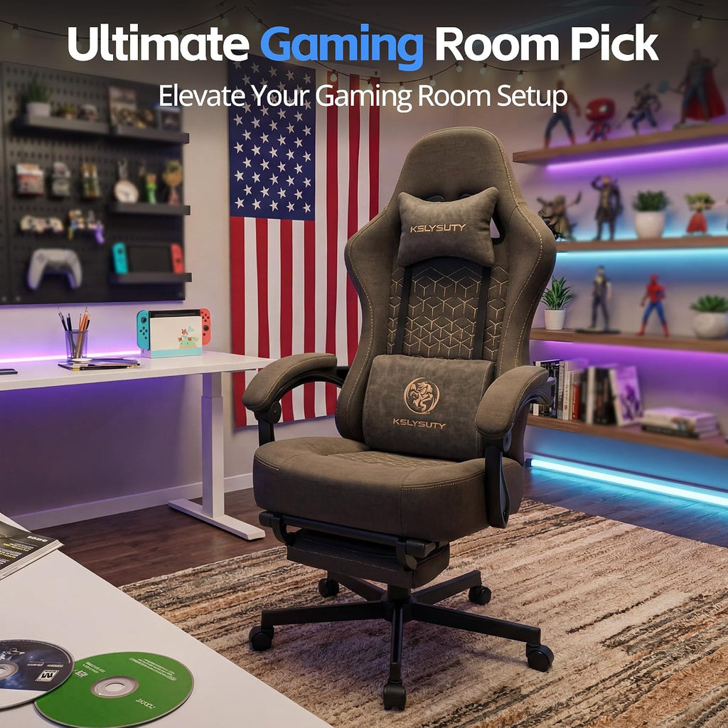 Gaming Chair Breathable Leather with Pocket Spring Cushion, Wide and High Ergonomic Office Chair with Headrest, Computer Gaming Chair with Footrest for Adult and Teen (Grey Leather)