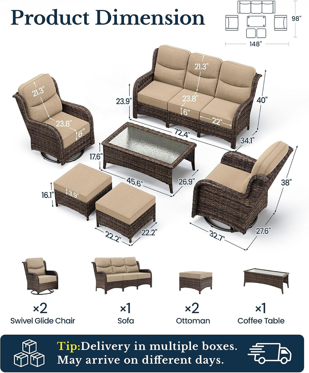 HILLGA Luxury High Back Patio Furniture Set with 6-Inch Thick Cushion, 6-Piece Outdoor Conversation Set with Sofa, Swivel Rocker Chairs & Ottomans, Ideal for Porch Pool Deck Yard (Beige)