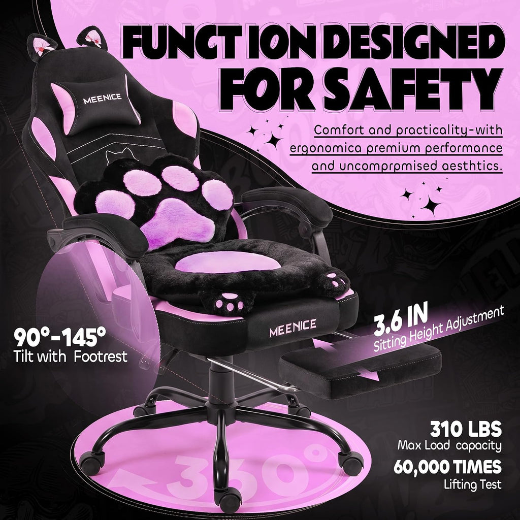 Pink Gaming Chair Cute with Cat Ears Paw Lumbar and Cushion,Ergonomic Computer Chair with Footrest,Reclining PC Game Chair for Girl Computer Chair 300lbs for Adult, Black and Purple