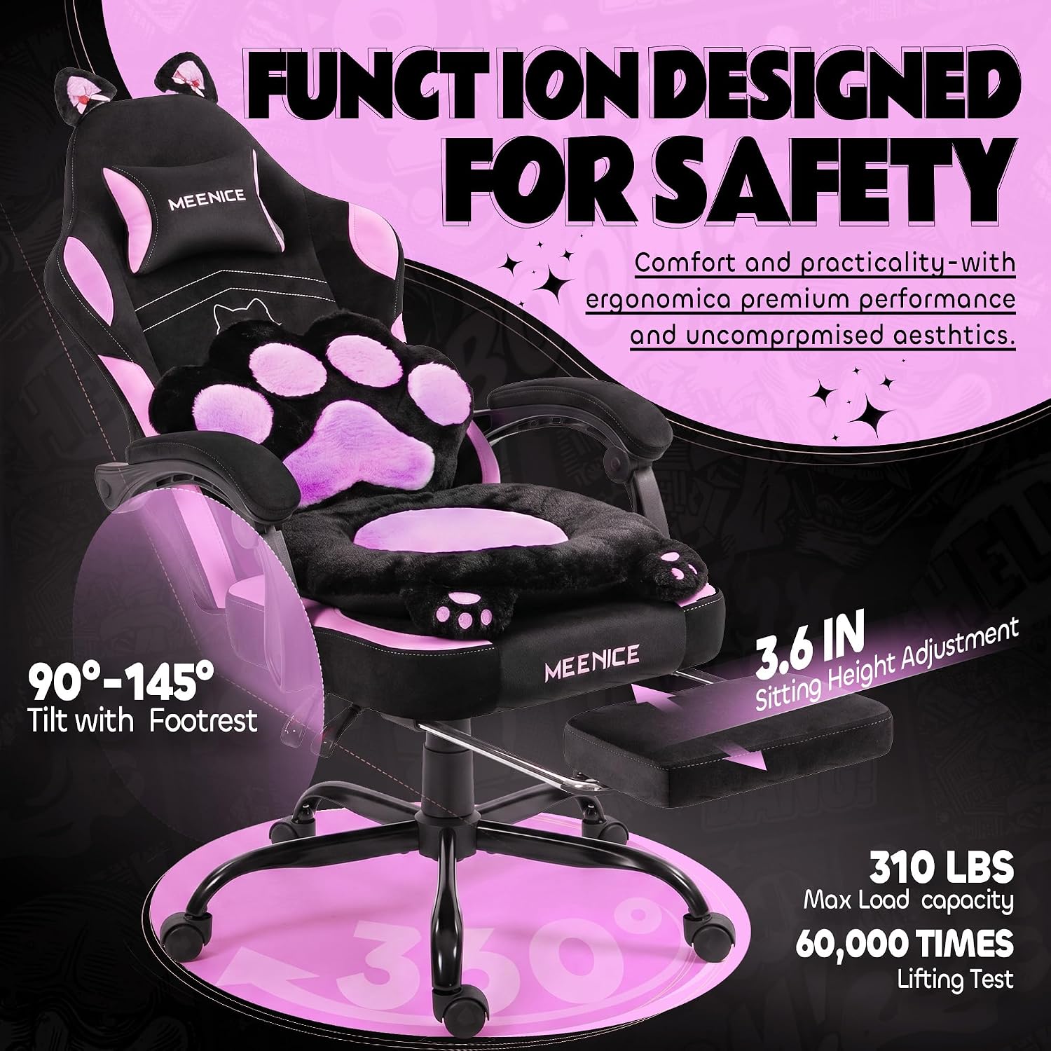 Pink Gaming Chair Cute with Cat Ears Paw Lumbar and Cushion,Ergonomic Computer Chair with Footrest,Reclining PC Game Chair for Girl Computer Chair 300lbs for Adult, Black and Purple