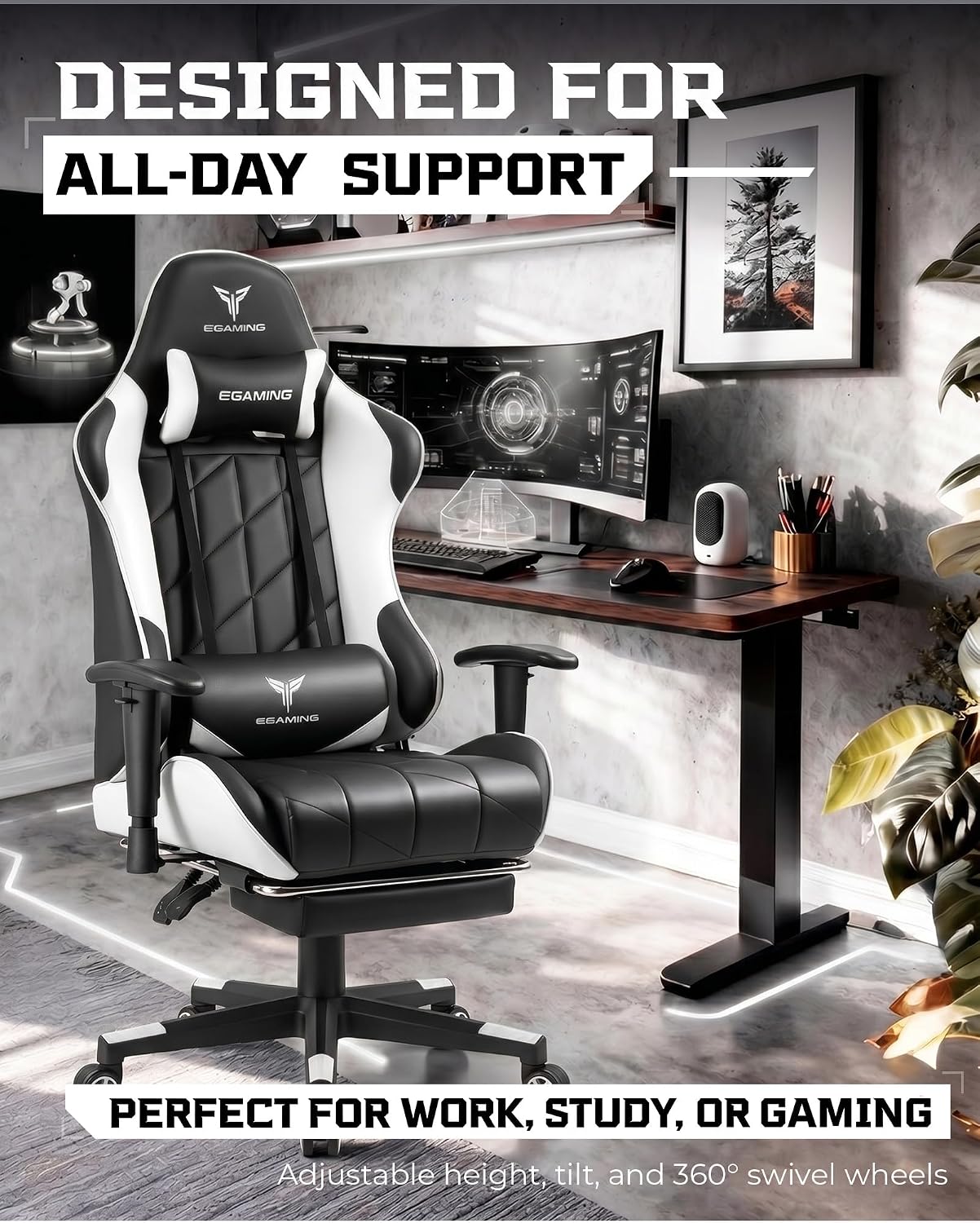 GTPLAYER Gaming Chair, Big and Tall Video Game Chair with High Back PU Leather, Home Office Ergonomic Computer Chair with Footrest, Adjustable Height, 360° Swivel Wheels for Adults and Teens