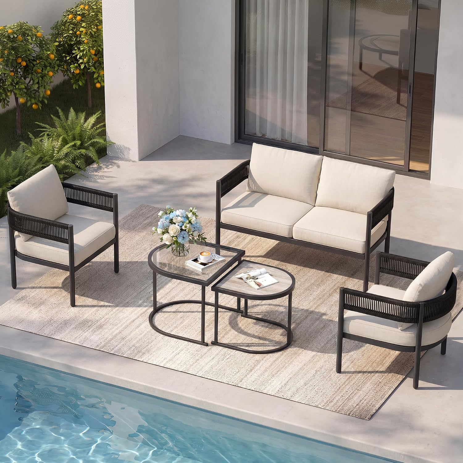 Grand patio 5-Piece Outdoor Furniture Set, 4 Seats Wicker Sofa Conversation Set with Thick Cushions and Coffee Table, for Backyard, Balcony, Garden (Beige)