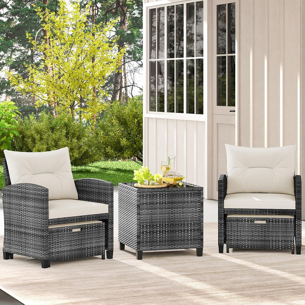 KOTEK 5 Pieces Patio Furniture Set with Ottomans, Wicker Patio Conversation Set with Coffee Table & Cushions, PE Rattan Outdoor Lounge Chairs for Backyard, Porch, Poolside (Mix Grey- Off White)