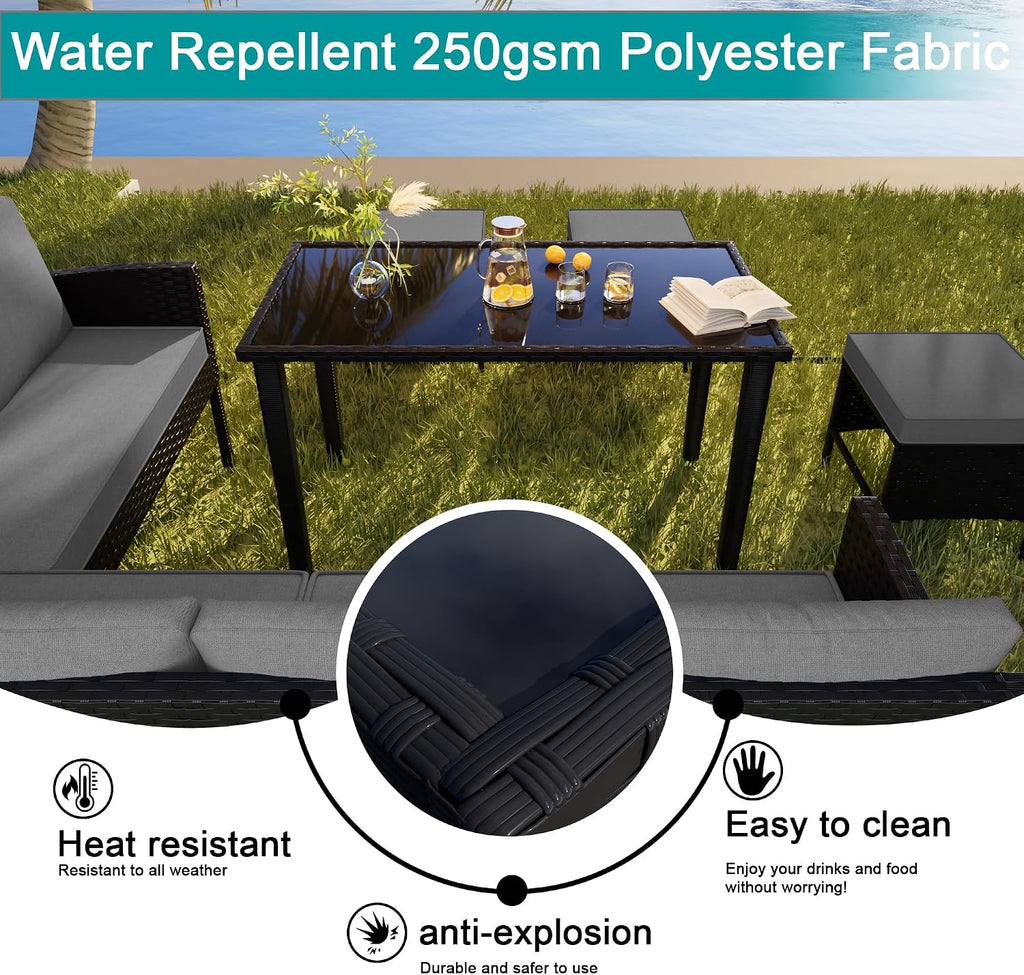 7-Piece Patio Furniture Set, Outdoor Conversation Set with Dining Table & Ottomans, PE Rattan Sofa Set with Throw Pillows and Cushions for Deck Yard Poolside, Gray
