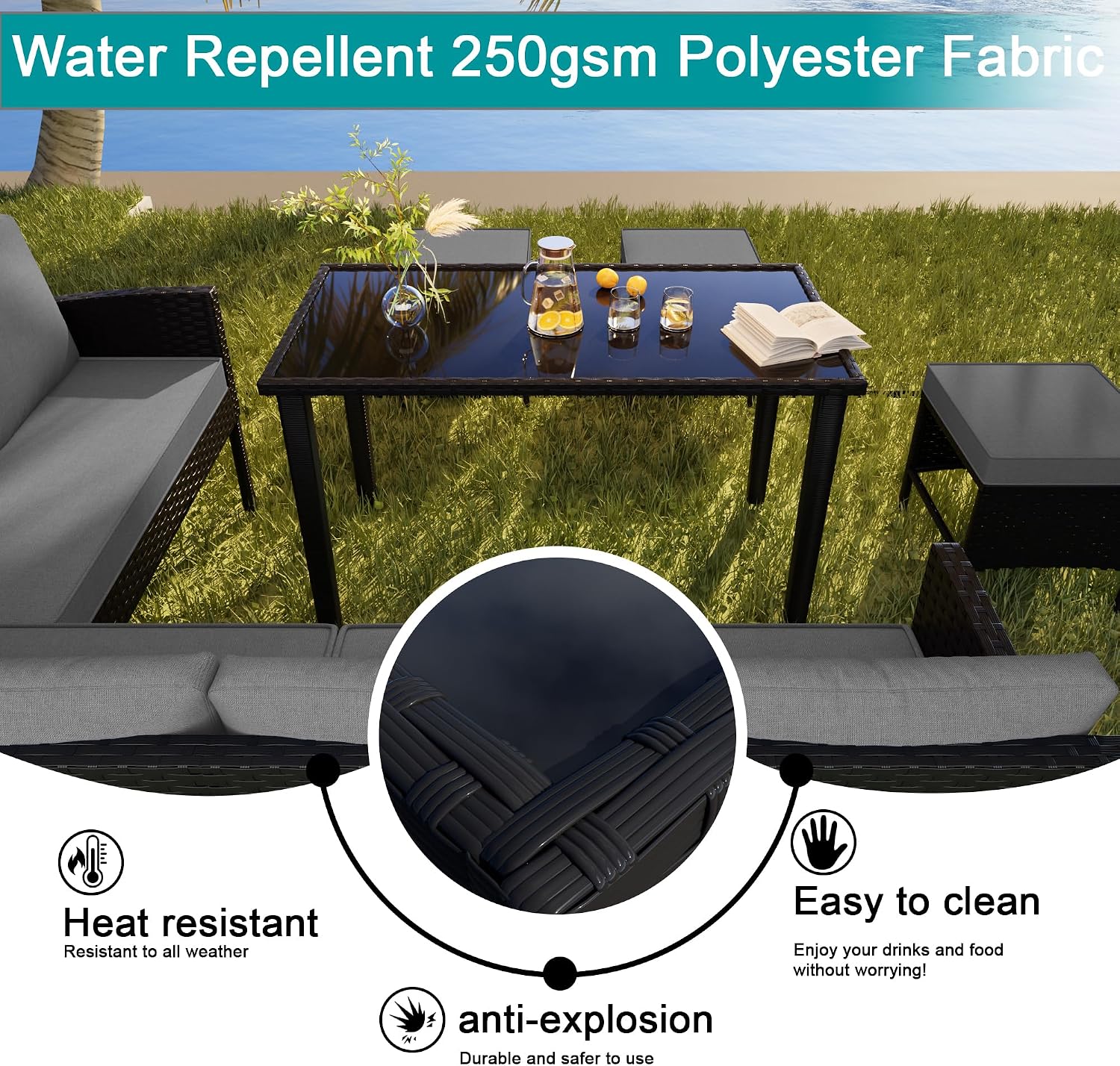 7-Piece Patio Furniture Set, Outdoor Conversation Set with Dining Table & Ottomans, PE Rattan Sofa Set with Throw Pillows and Cushions for Deck Yard Poolside, Gray