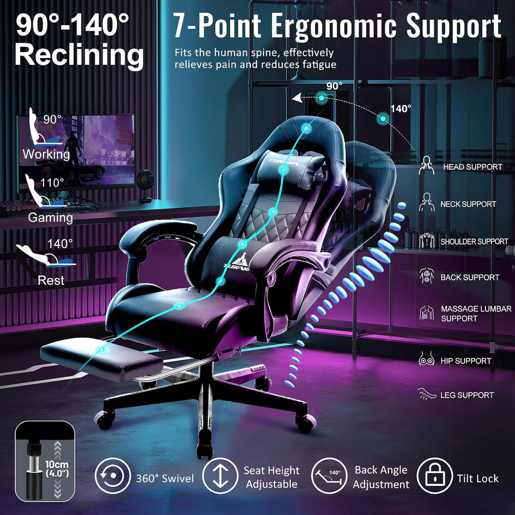 Gaming Chair,Ergonomic Massage Computer Office Desk Chair with Footrest,Pocket Spring Cushion,Reclining Leather Adjustable Gamer Chair with Headrest and Lumbar Support,Black