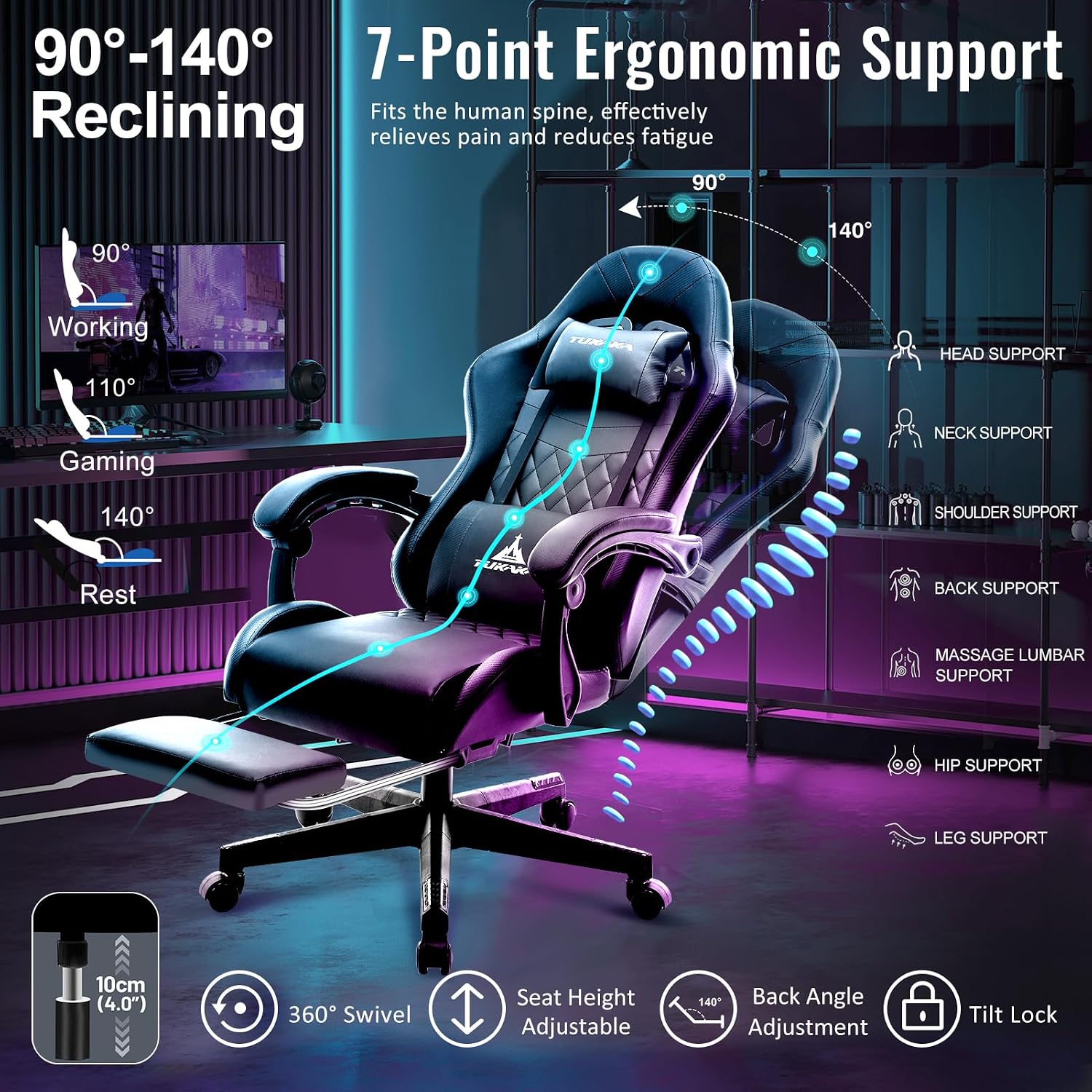 Gaming Chair,Ergonomic Massage Computer Office Desk Chair with Footrest,Pocket Spring Cushion,Reclining Leather Adjustable Gamer Chair with Headrest and Lumbar Support,Black