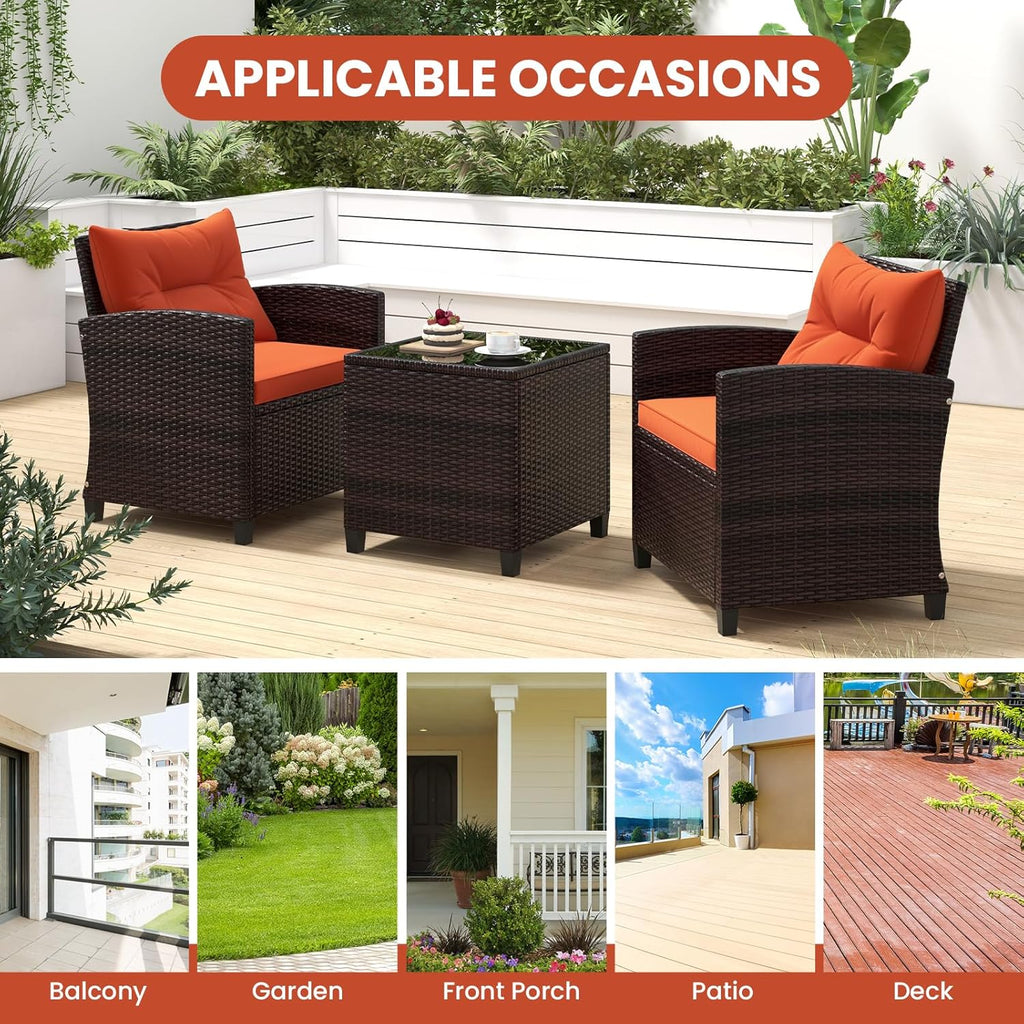 ORALNER 3 Pieces Patio Furniture Set, Outdoor Wicker Conversation Set Rattan Chairs with Cushions, Glass Coffee Table, Bistro Set for Front Porch Balcony Garden Deck Poolside (Orange)