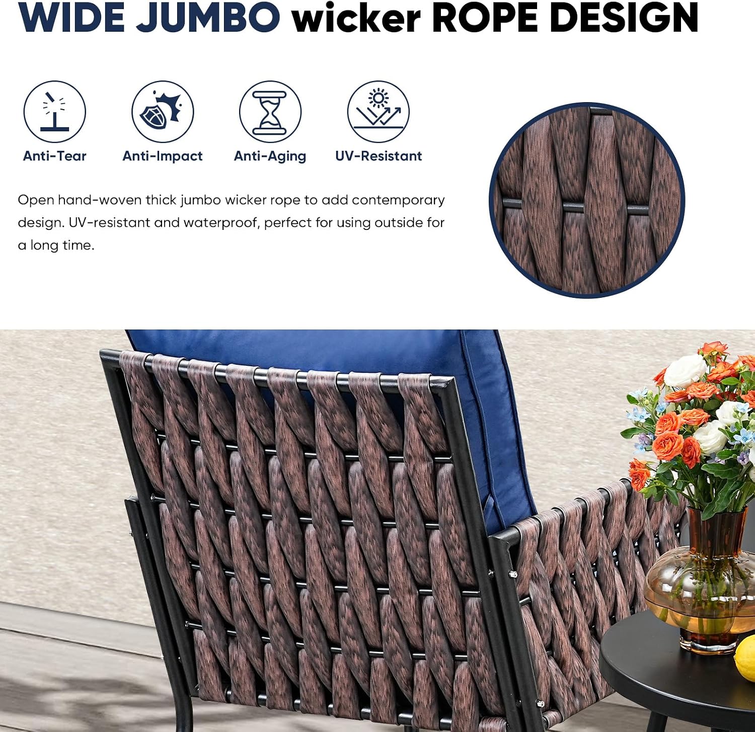 JOYURE 3 Pieces Patio Bistro Set,Patio Furniture Set with 2 Armrest Chairs and Round Side Table,Outdoor Modern Furniture Set with All-Weather Thick Cushion for Deck,Backyard,Navy