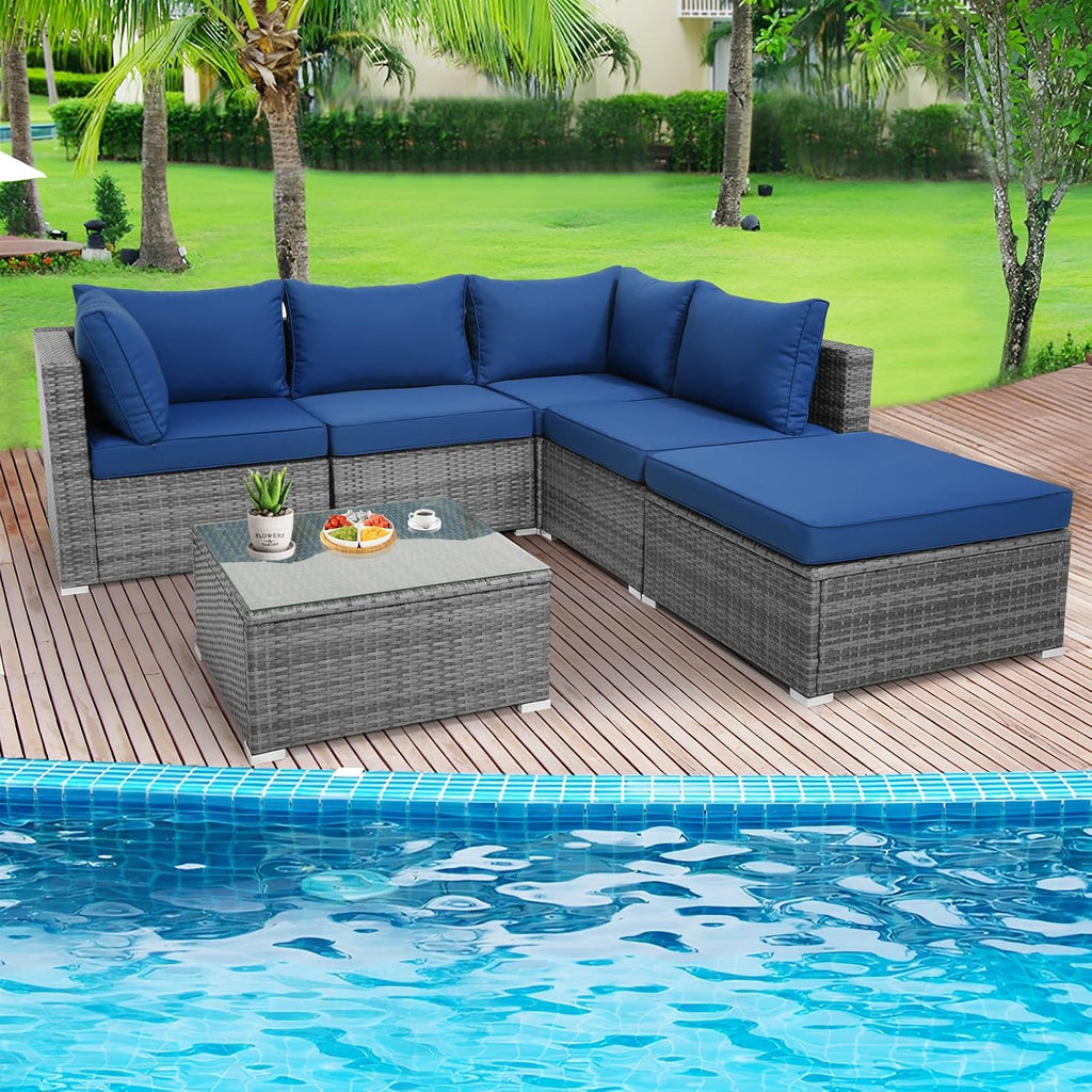 Tangkula 6 Pieces Sectional Patio Furniture Set, Weather Resistant Heavy Duty Outdoor Modular Sofa Set with Soft Padded Cushions, Tempered Glass Coffee Table, for Deck, Garden, Lawn, Poolside (Navy)