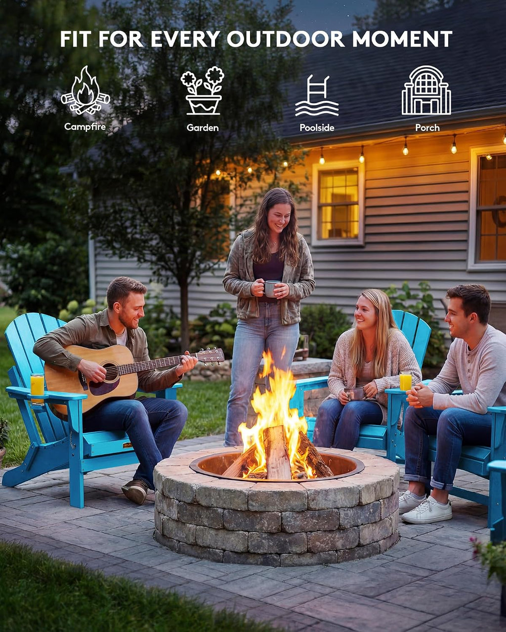 SERWALL Folding Adirondack Chair with Cup Holder Outdoor Adirondack Chairs Weather Resistant Patio Chair Fire Pit Chairs - Light Blue
