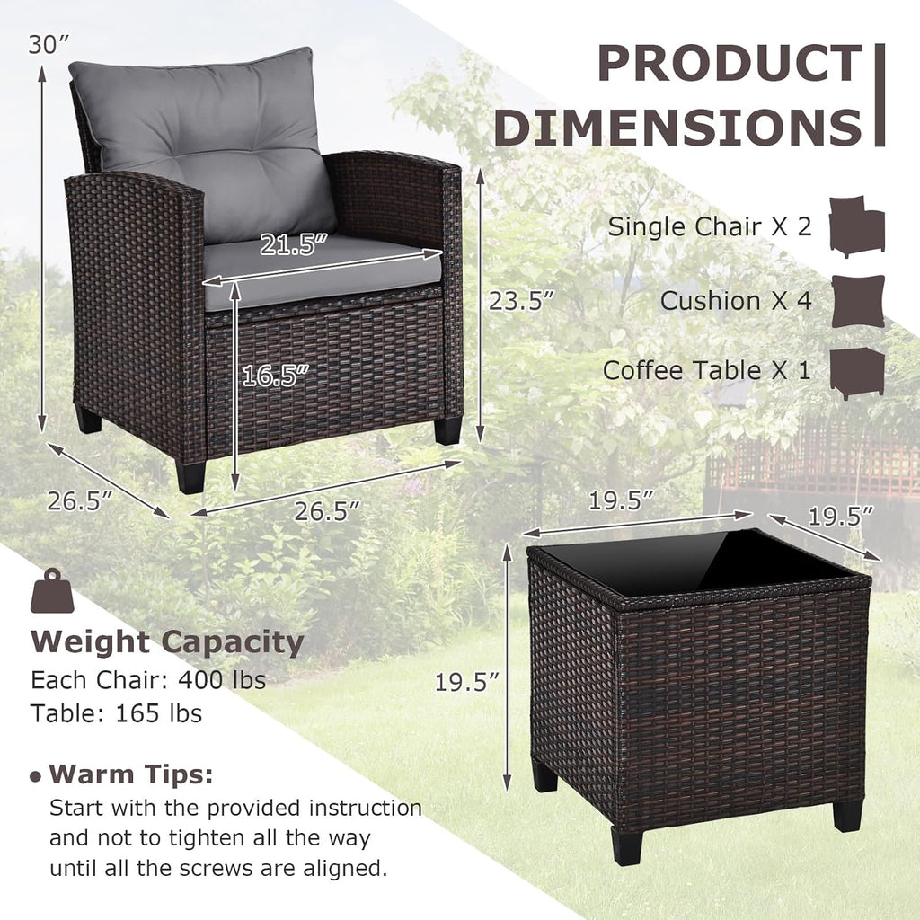 ORALNER 3 Pieces Patio Furniture Set, Outdoor Wicker Conversation Set Rattan Chairs with Cushions, Glass Coffee Table, Bistro Set for Front Porch Balcony Garden Deck Poolside (Grey)