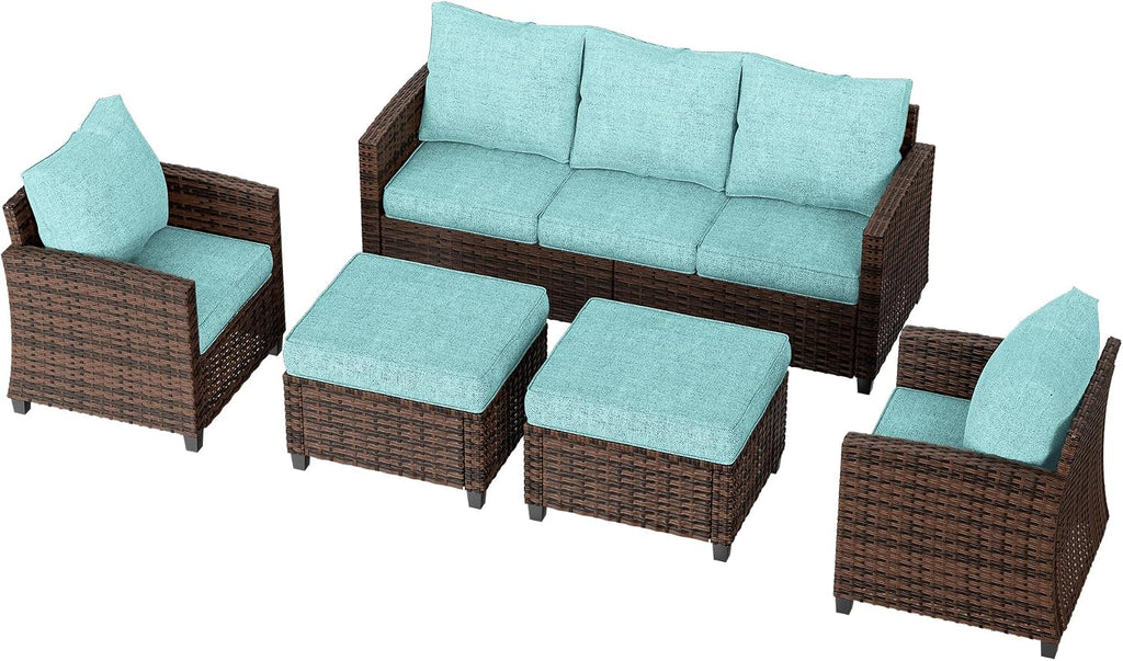 UDPATIO Patio Furniture Set, 5 Pieces Outdoor Sectional Sofa Set, All-Weather Wicker Rattan High Back Patio Conversation Set with Ottoman for Poolside, Backyard, 4' Thick Cushions, Light Blue