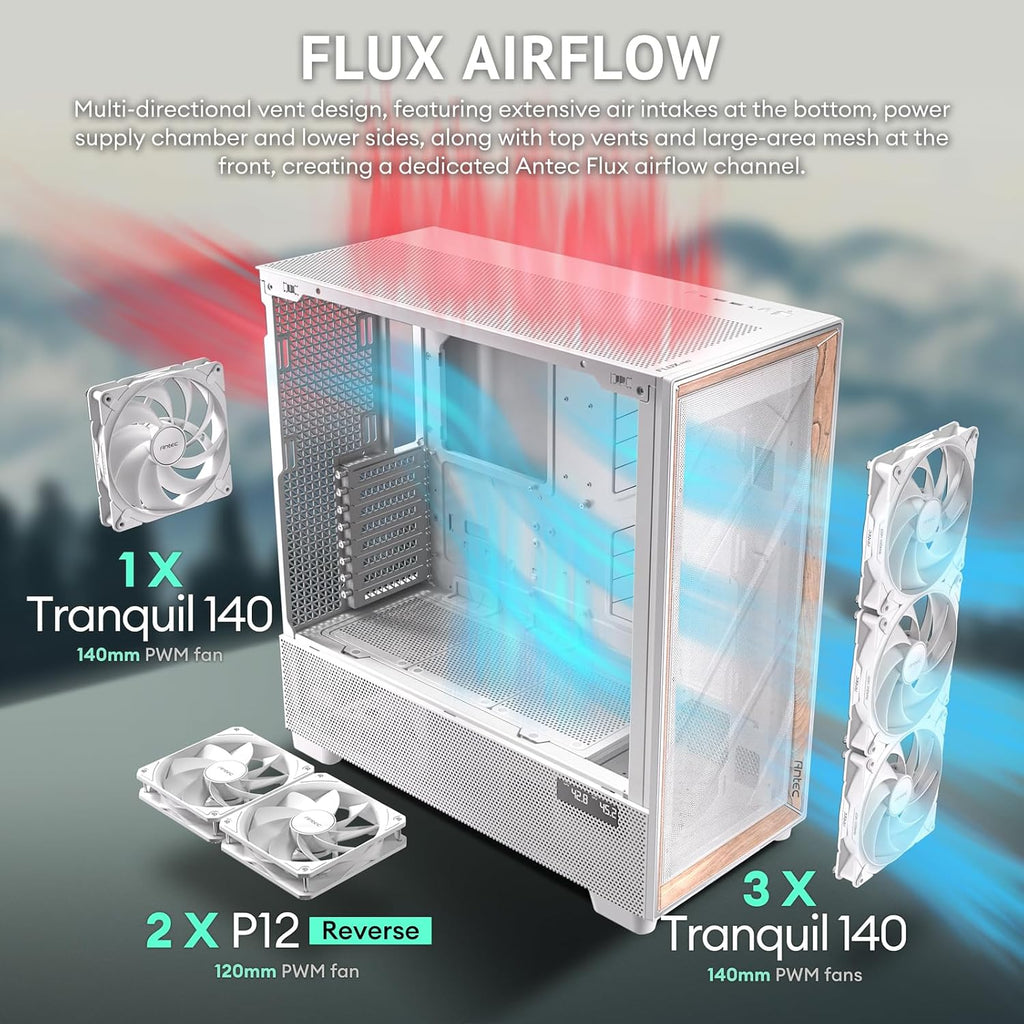 Antec Flux Pro White, 6 x PWM Fans Included, High-Airflow Front Panel with Birch Wood, iShift PSU 90° Mount, USB3.0 x 2, Type-C, 420mm Radiator Support, Temp. Display, Full-Tower E-ATX PC Case
