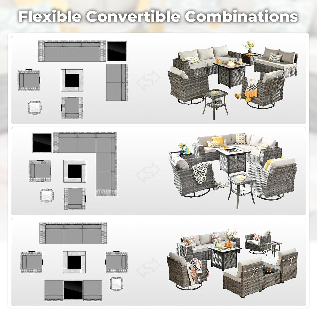ovios 10 Pieces Patio Furniture Set, Outdoor Wicker Sectional Sofa with 30' Fire Pit Table Swivel Chairs, Modern Modular Deep Seat Rattan Couch Conversation Sets, Beige