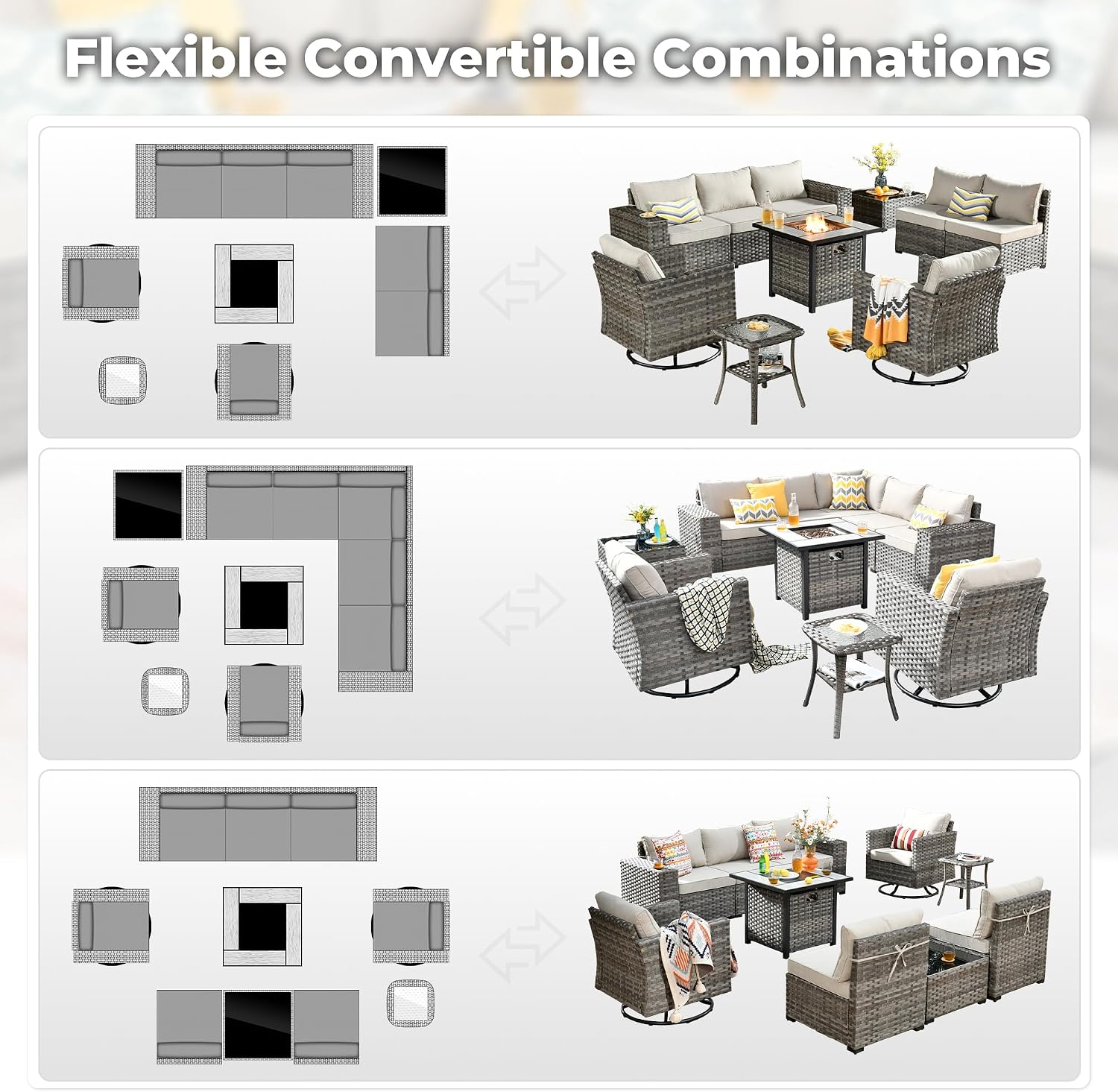 ovios 10 Pieces Patio Furniture Set, Outdoor Wicker Sectional Sofa with 30' Fire Pit Table Swivel Chairs, Modern Modular Deep Seat Rattan Couch Conversation Sets, Beige