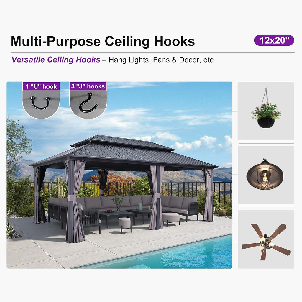 PURPLE LEAF 12' X 20' Patio Hardtop Gazebo Outdoor Pavilion Gazebo with Galvanized Steel Double Roof for Patio Lawn Garden Aluminum with Mosquito Nets and Curtains Grey