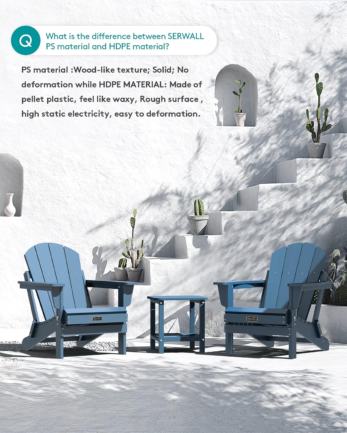 SERWALL Foldable Adirondack Chair Set of 2 for Patio Garden Outdoors Fire Pit-Blue