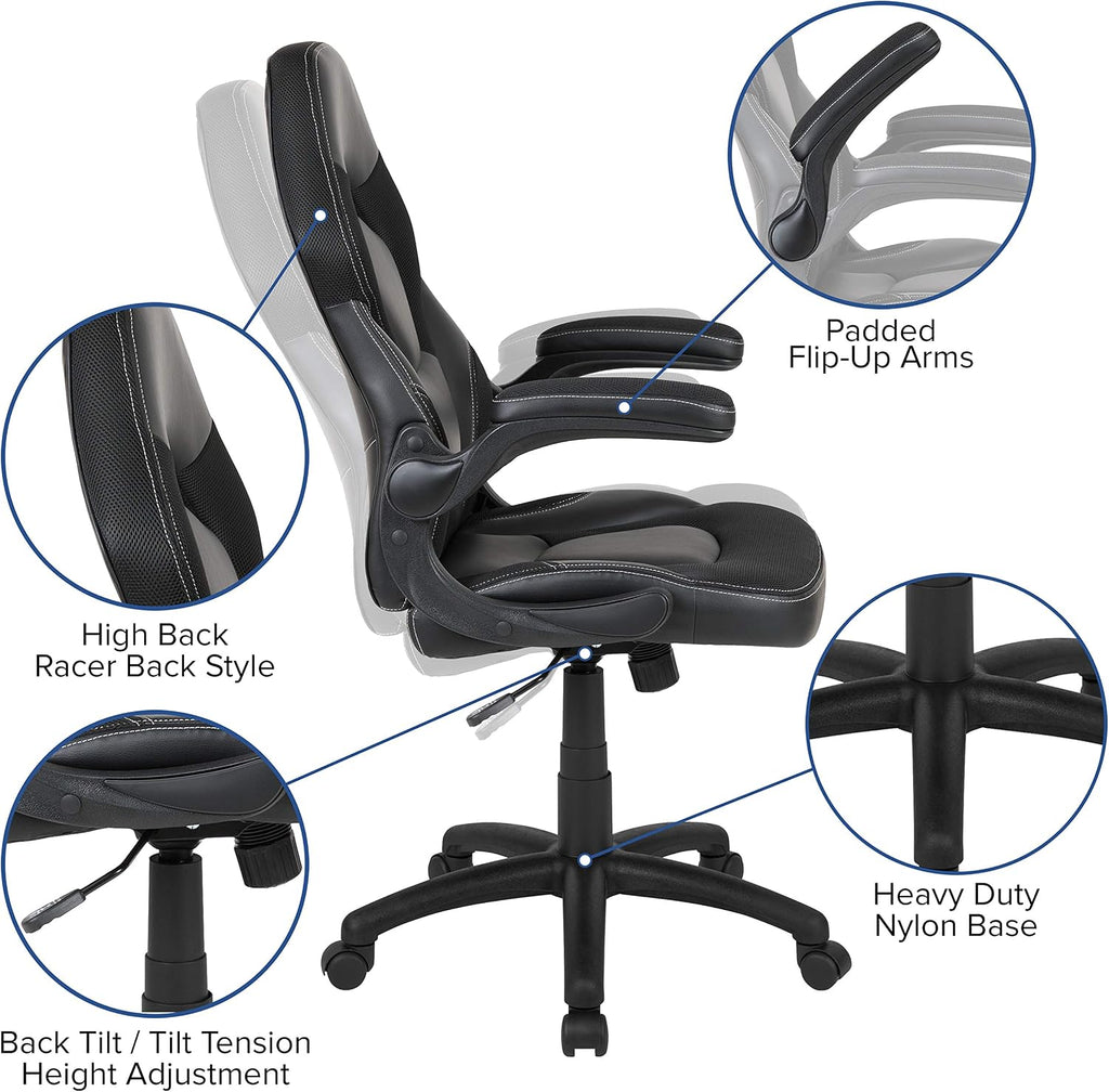 Flash Furniture X10 High-Back LeatherSoft Racing Style Gaming Chair with Flip-Up Arms, Ergonomic Padded Swivel Computer Chair, Black