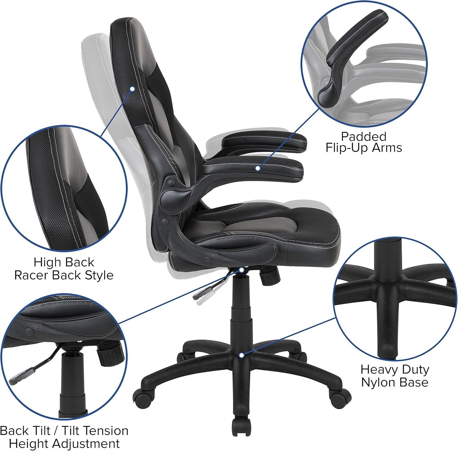 Flash Furniture X10 High-Back LeatherSoft Racing Style Gaming Chair with Flip-Up Arms, Ergonomic Padded Swivel Computer Chair, Black