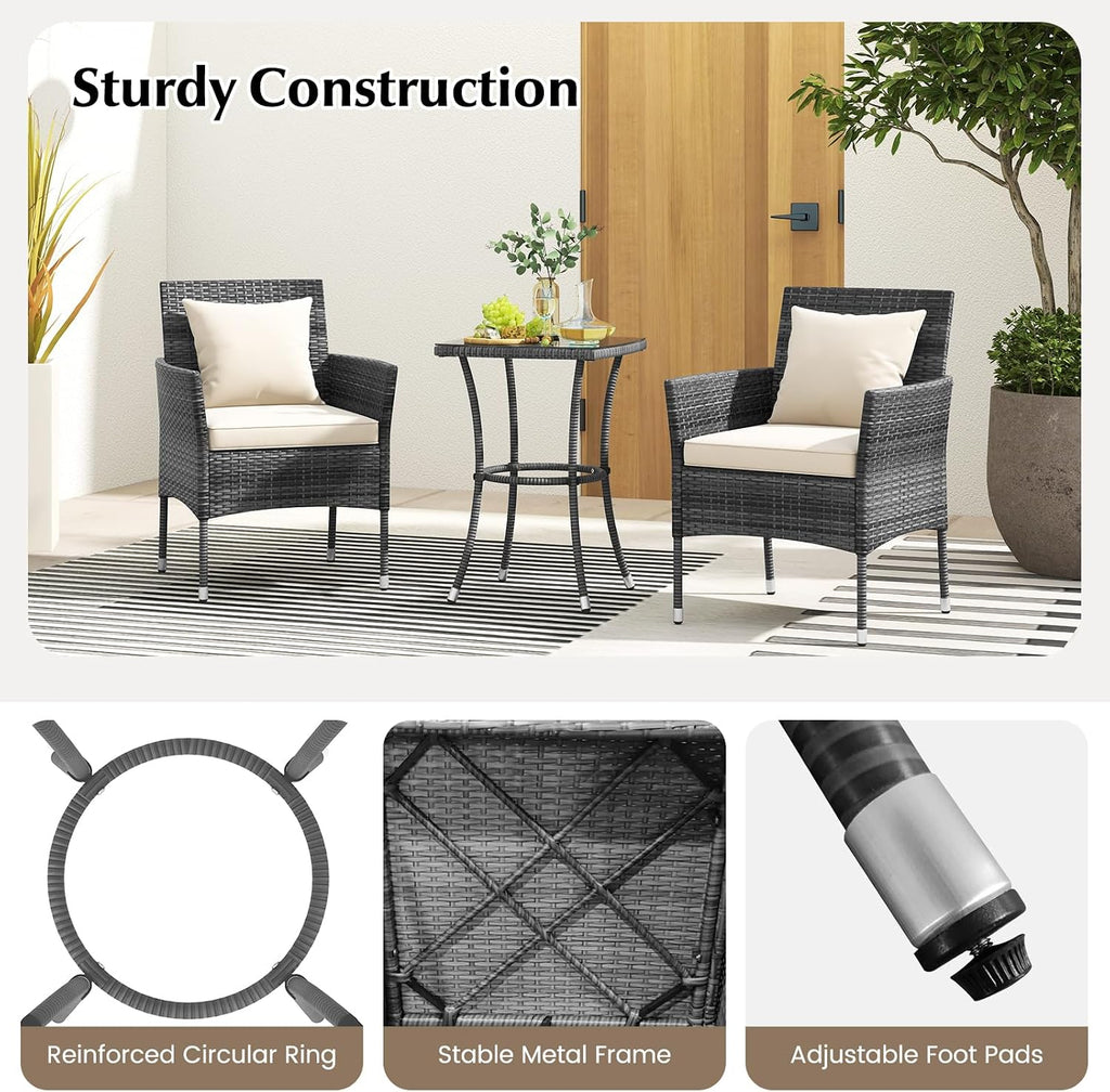 Tangkula 3-Piece Patio Furniture Set, PE Wicker Conversation Bistro Set w/A Tempered Glass Table & 2 Cushioned Chairs, Outdoor Table & Chairs Set for Patio Porch Yard Garden (Mix Gray+Off White)