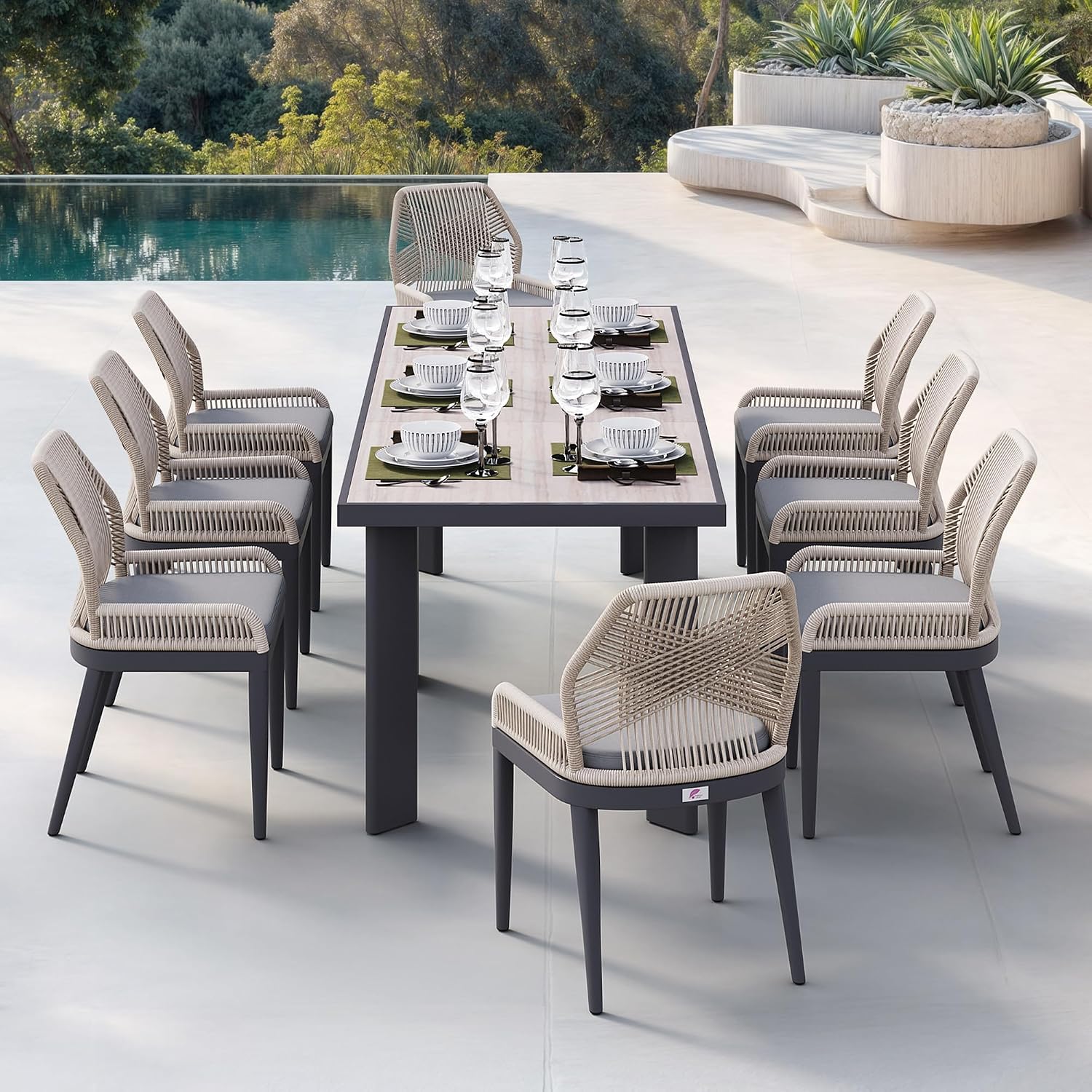 PURPLE LEAF 9 Pieces Patio Dining Set Aluminum Rectangular Table and Wicker Chairs with Cushions for Kitchen Porch Garden Modern Outdoor Furniture Sets, Beige and Dark Grey