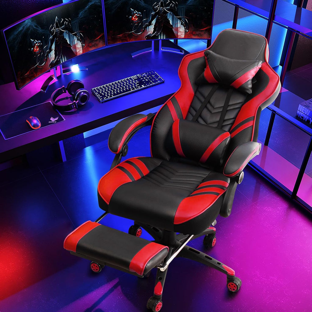 Goplus Gaming Chair, Computer Chair with Footrest and Lumbar Support, Height Adjustable Executive Swivel Rolling Task Chair with 90°-155° Tilt Function (Red)