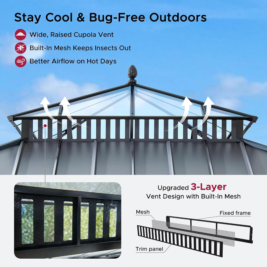 SUNJOY Kingston 12' x 12' Hardtop Gazebo with Galvanized Steel/Polycarbonate Double Roof, Curtain and Netting, Gray Aluminum Posts Permanent Pavilion Gazebo for Garden, Patio, Deck, Lawn