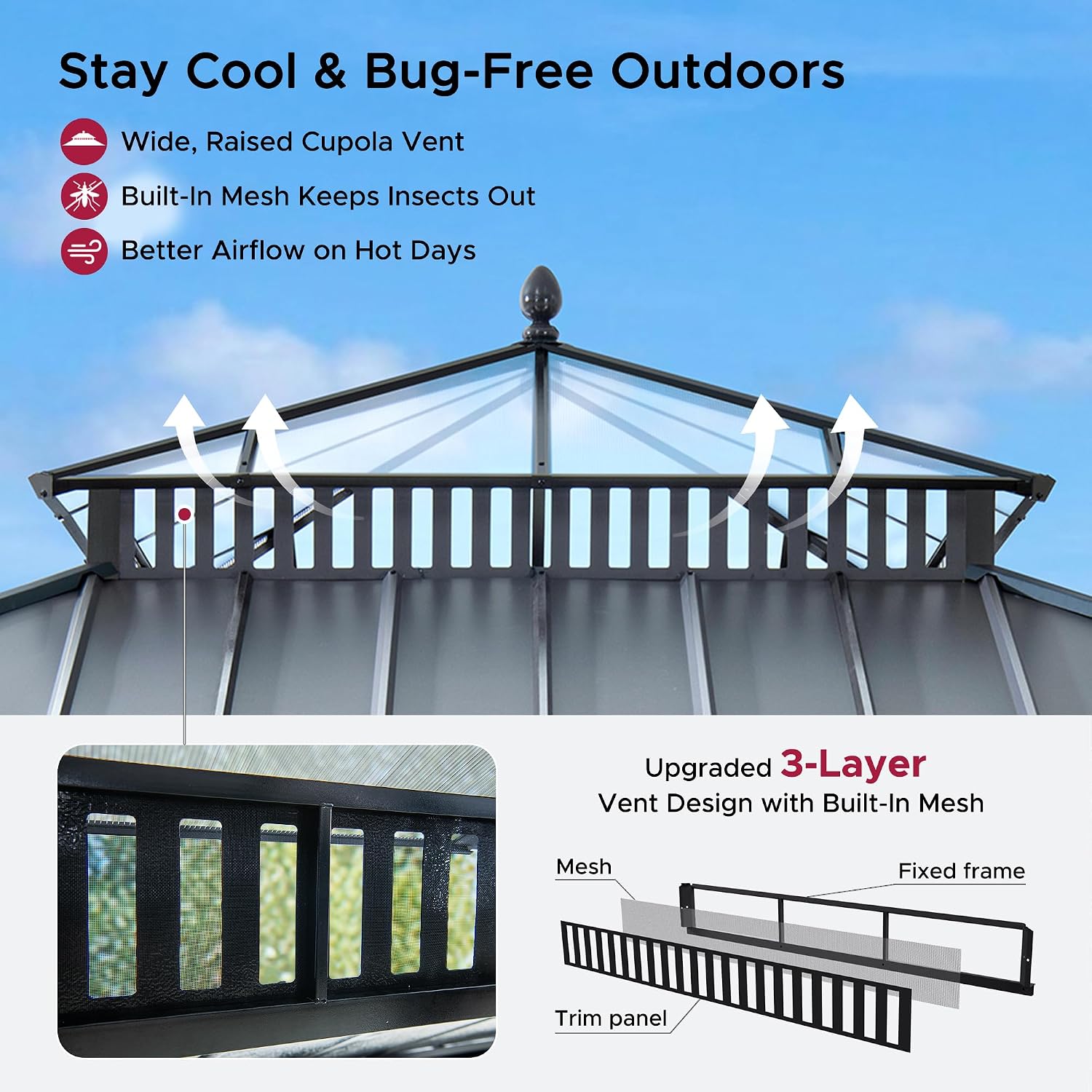 SUNJOY Kingston 12' x 12' Hardtop Gazebo with Galvanized Steel/Polycarbonate Double Roof, Curtain and Netting, Gray Aluminum Posts Permanent Pavilion Gazebo for Garden, Patio, Deck, Lawn