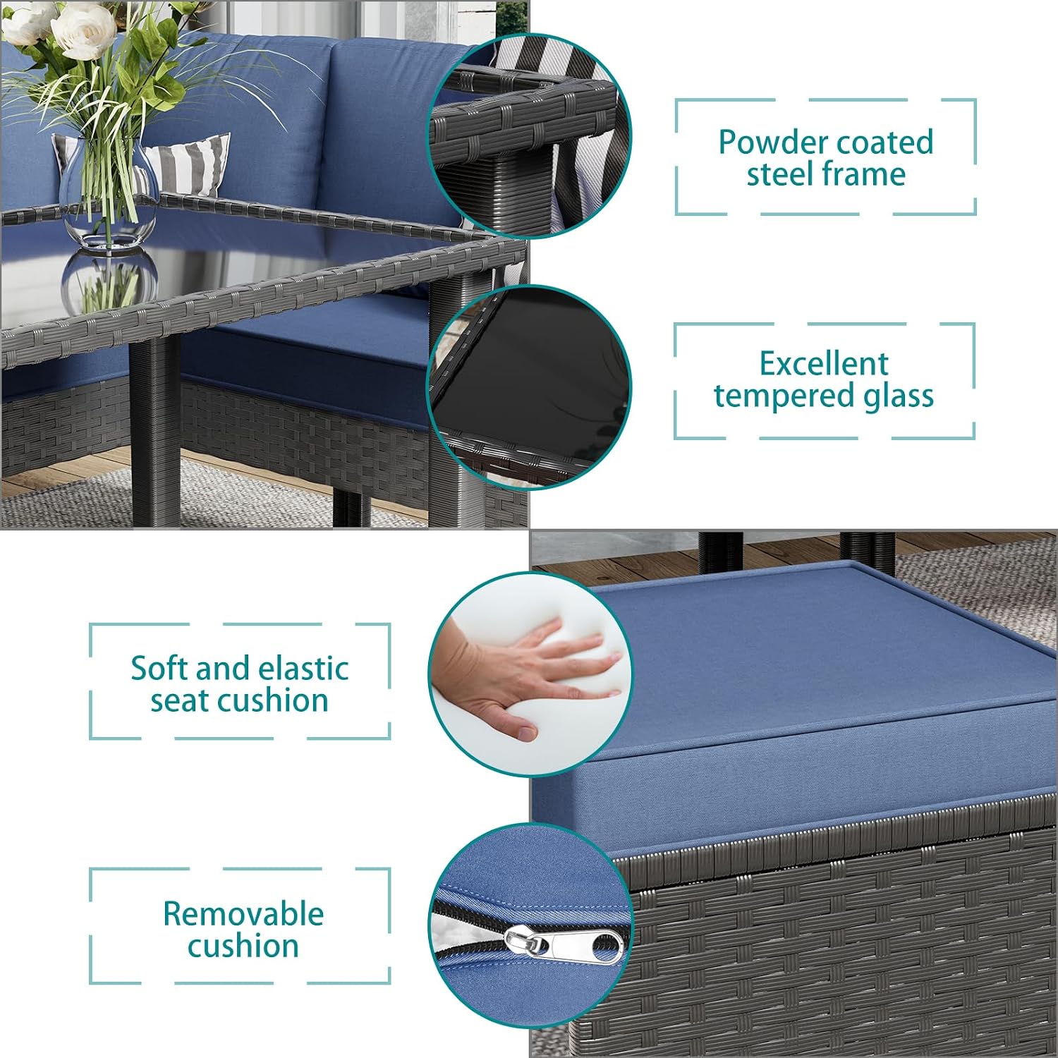 7-Piece Patio Furniture Set, All-Weather Wicker Sectional Sofa with Seat & Back Cushions, Long Glass Coffee Table, Outdoor Rattan Conversation Set for Garden, Porch, Lawn, Blue