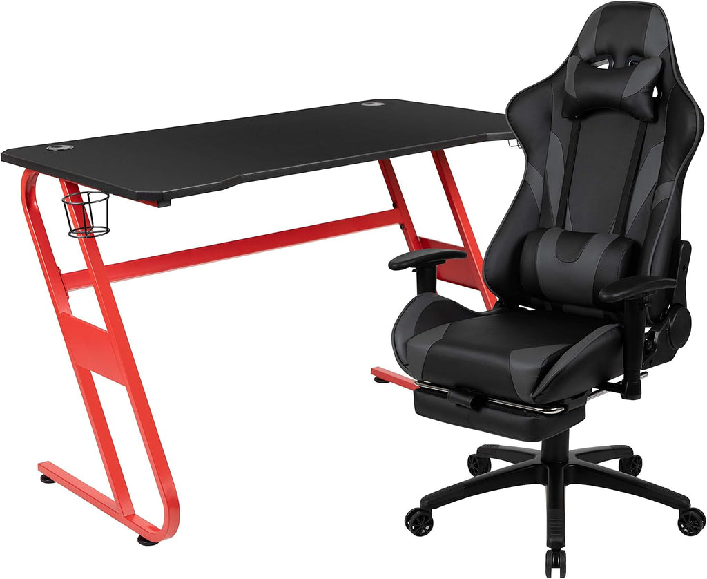 Flash Furniture Red Gaming Desk with Cup Holder/Headphone Hook & Gray Reclining Gaming Chair with Footrest